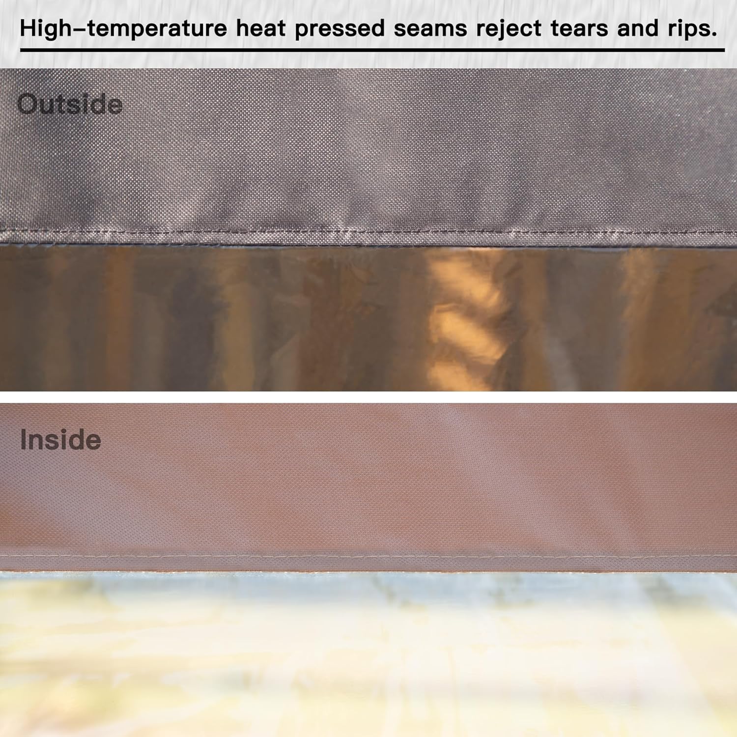 Closeup of durable outdoor fabric with heatpressed seams for rip resistance