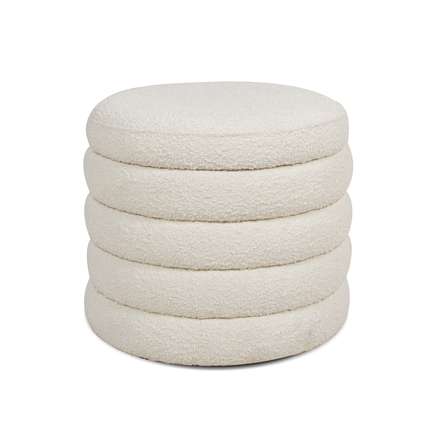 Plush cream boucle ottoman with stacked rounded cushions for versatile seating