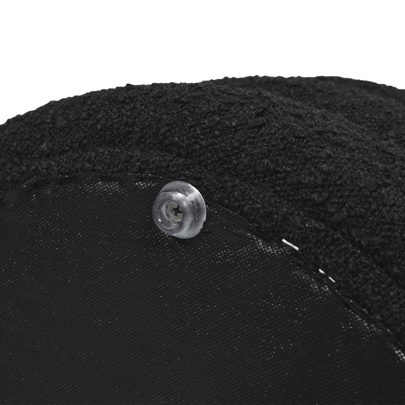 Closeup of a black sherpa textured beanie with a clear plastic snap closure