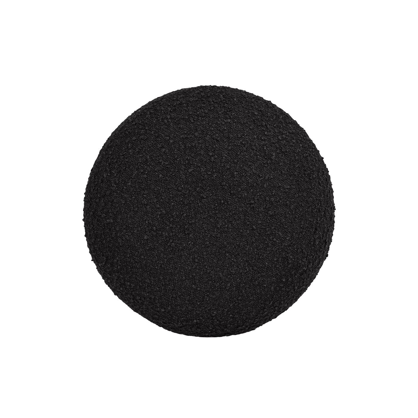 Round black textured stool top with boucle fabric upholstery
