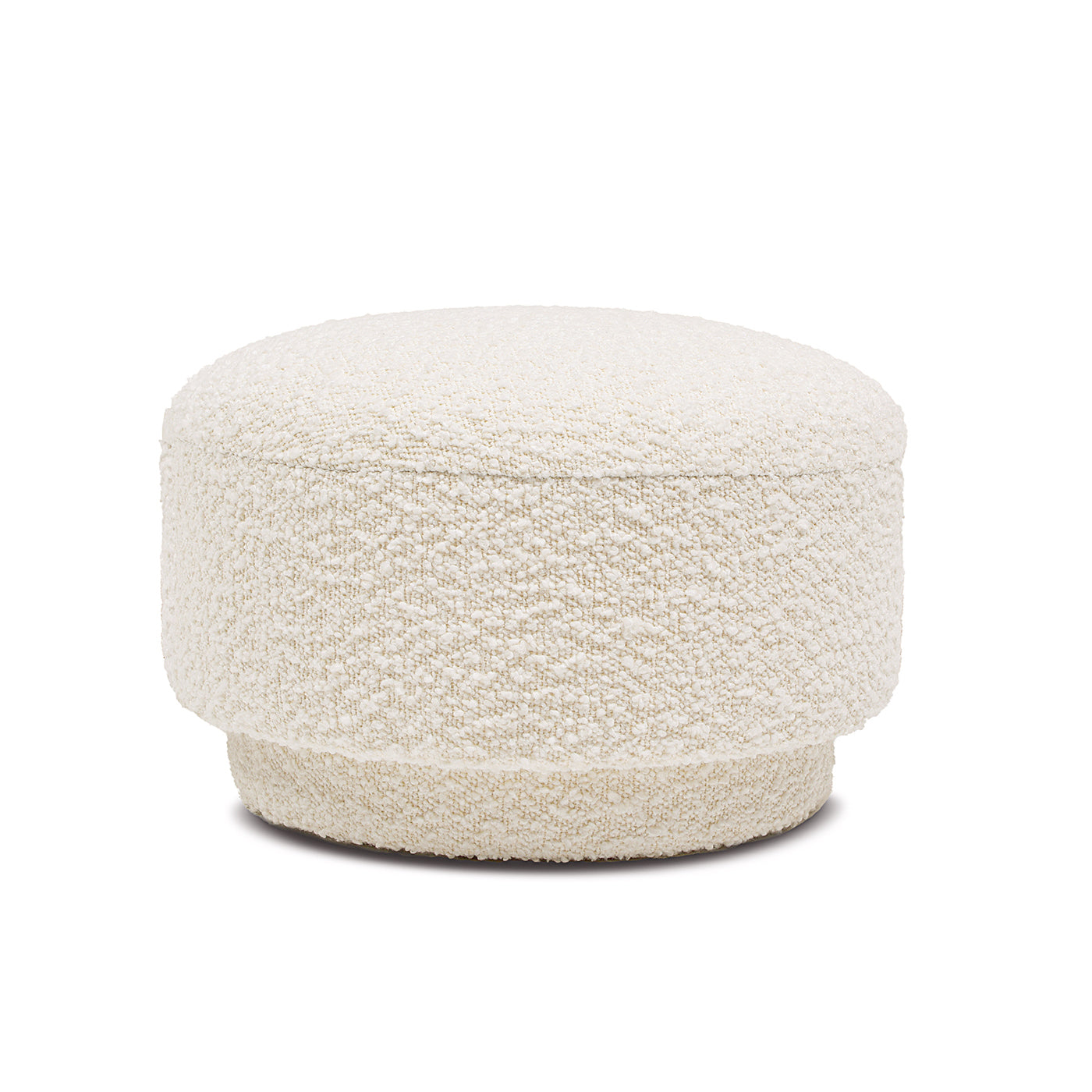 Textured white boucle ottoman with rounded edges perfect for living room relaxation