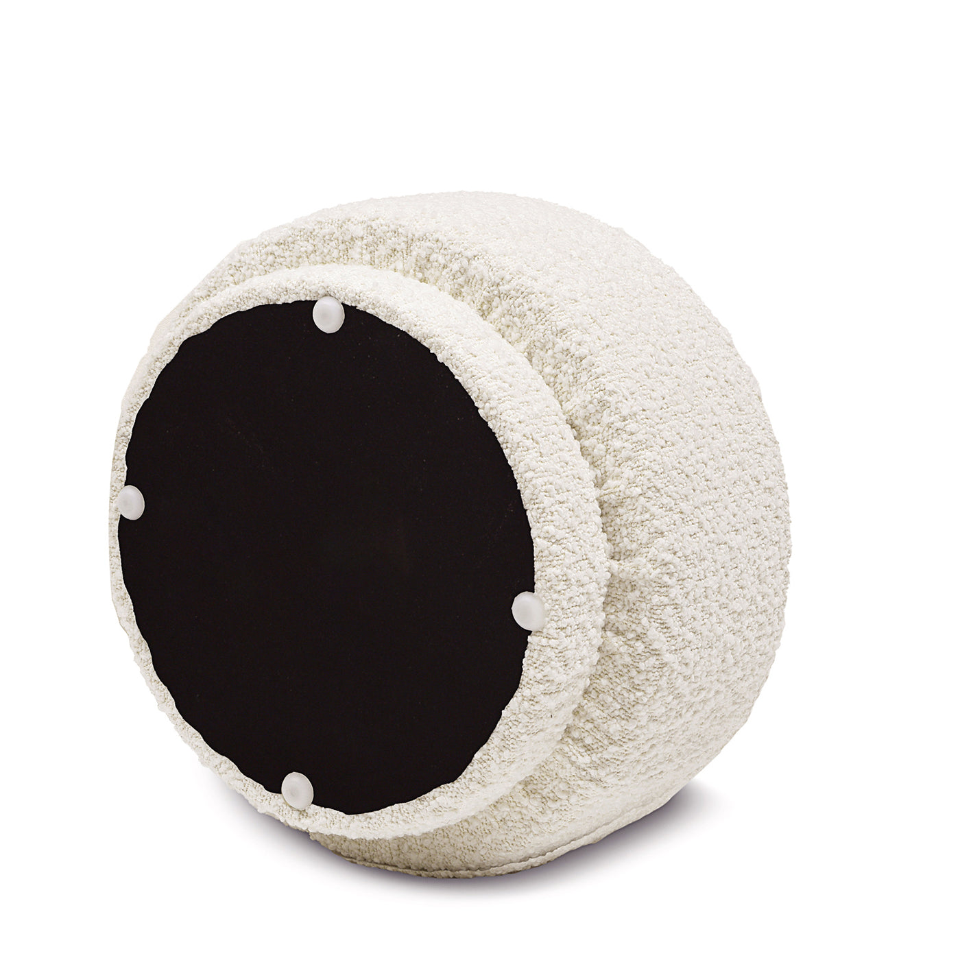 White textured round pouf with dark base and protective feet