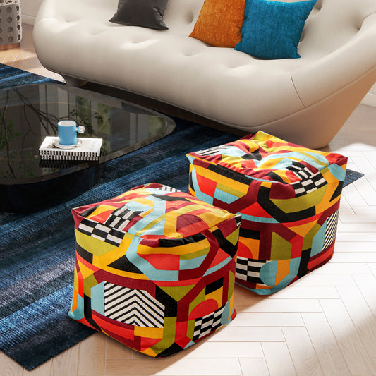 Geometric cube pouf with vibrant abstract pattern perfect for modern living room seating
