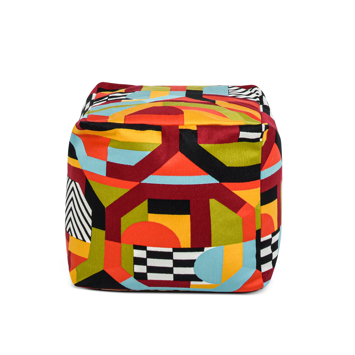 Geometric fabric ottoman with bold primary colors and abstract patterns perfect for accent seating