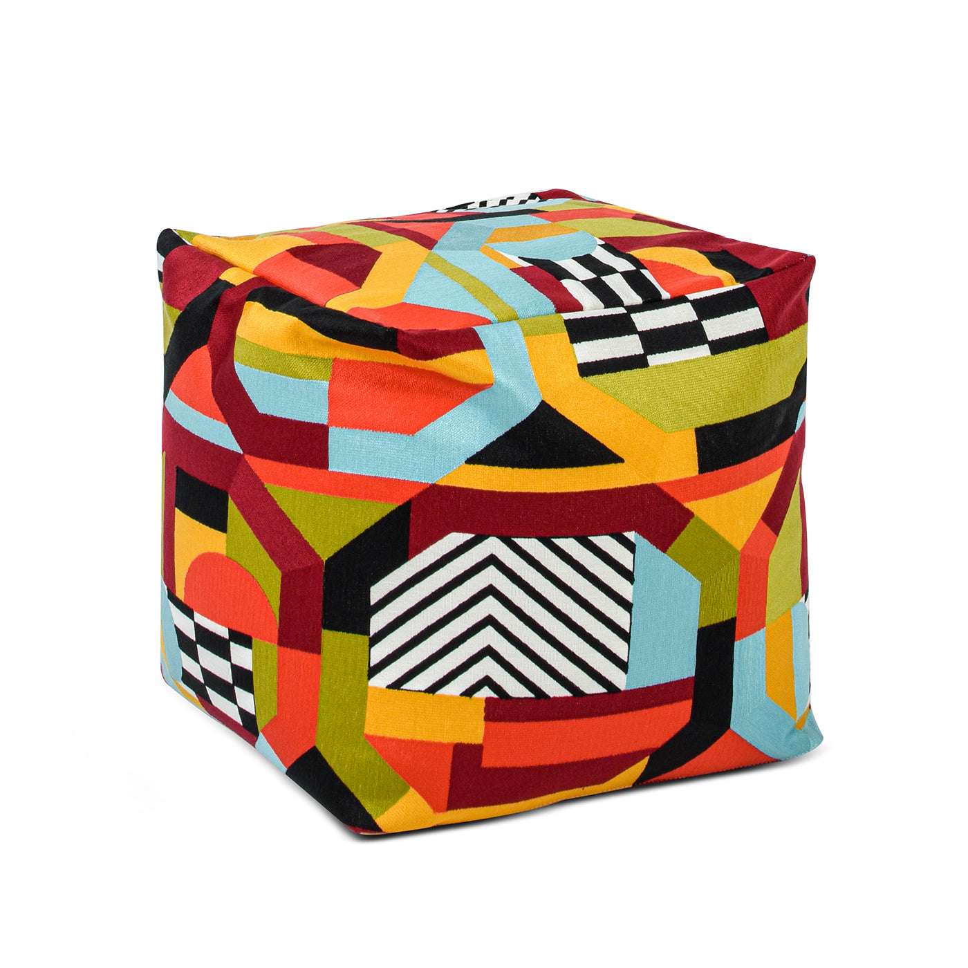 Colorful geometric patterned cube ottoman with red yellow blue and green shapes