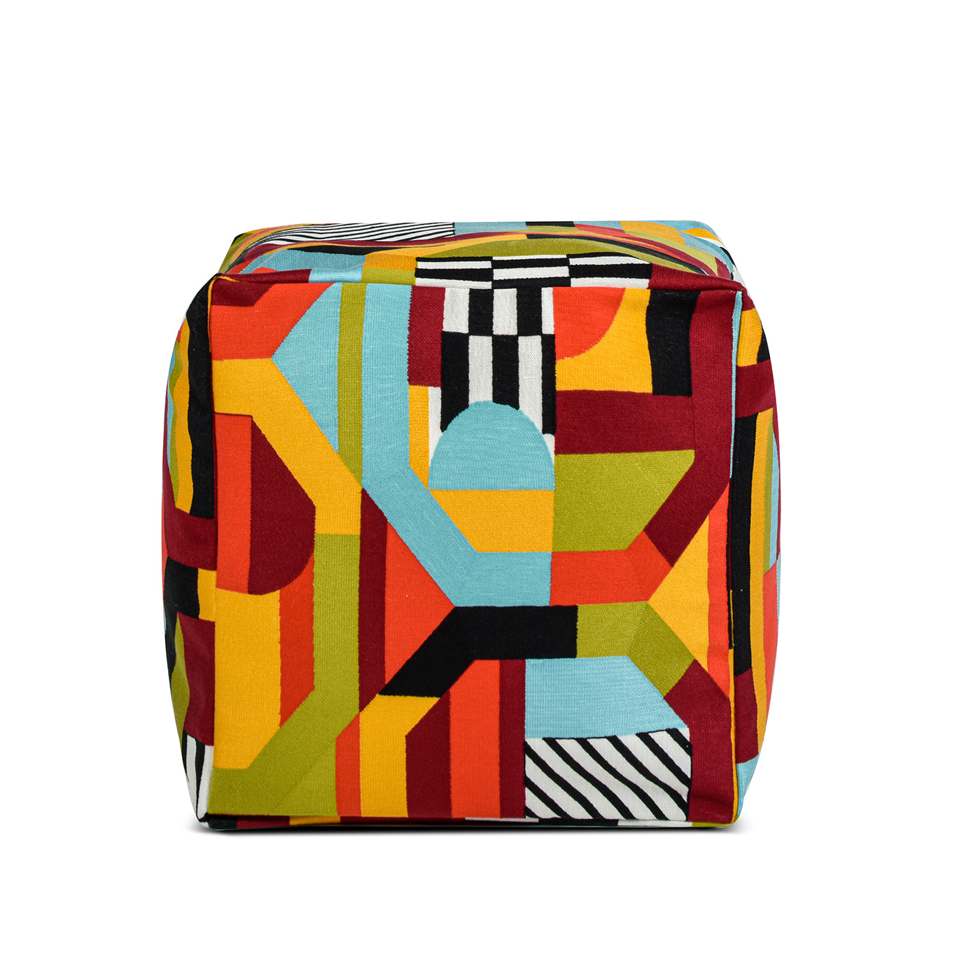 Geometric patterned cube ottoman with bold red blue and yellow colors