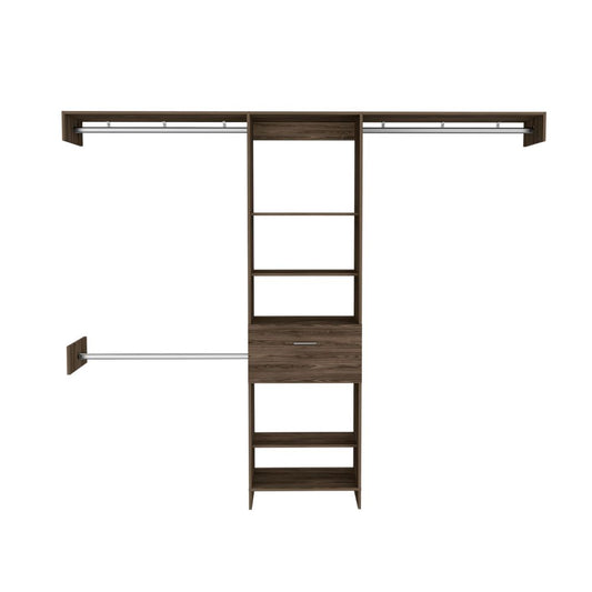 TREATLIFE HOME 250 Closet System for Bedroom Organization with Three Metal Rods and Five Open Shelves, Dark Walnut Finish