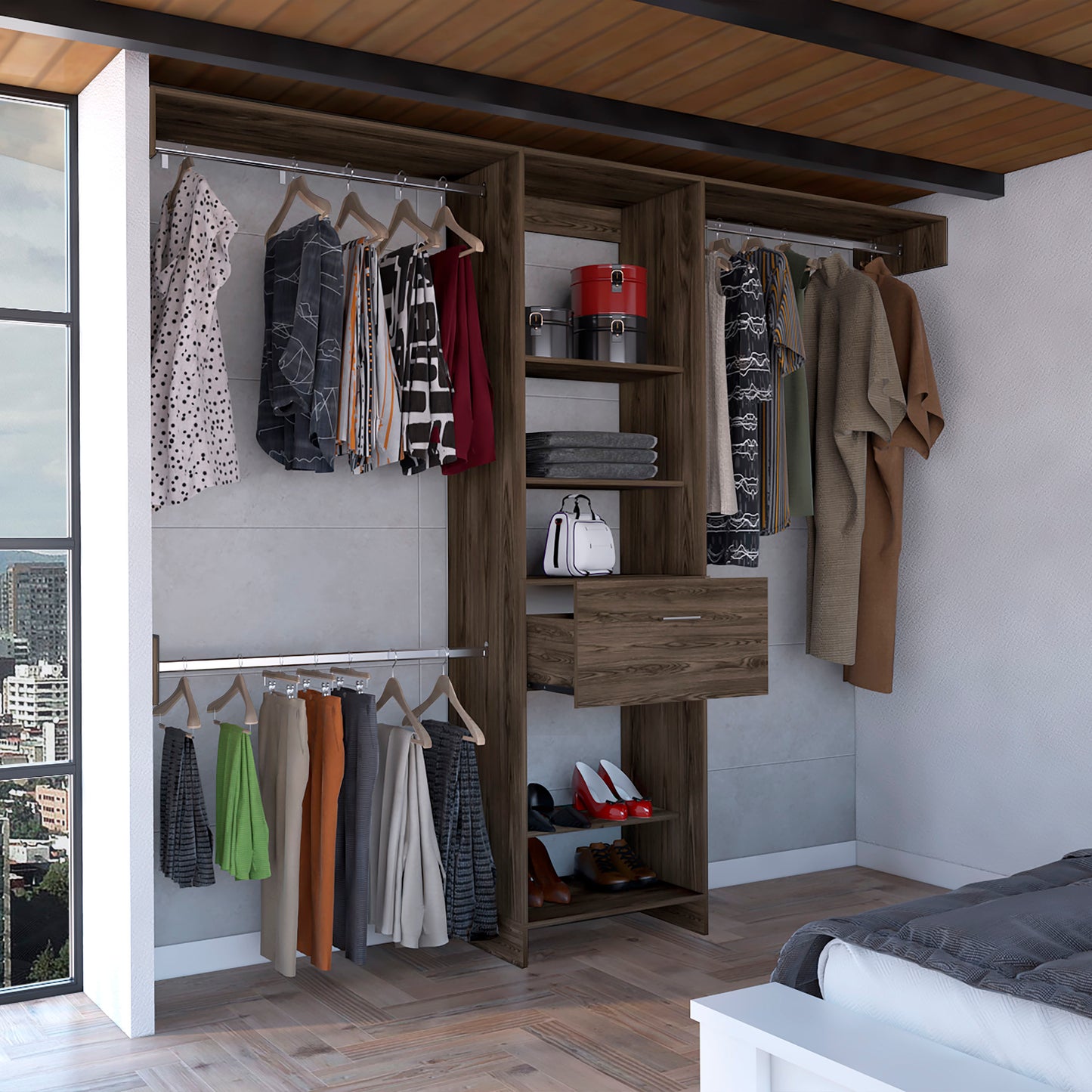Dark wood open closet system with hanging clothes and shoes