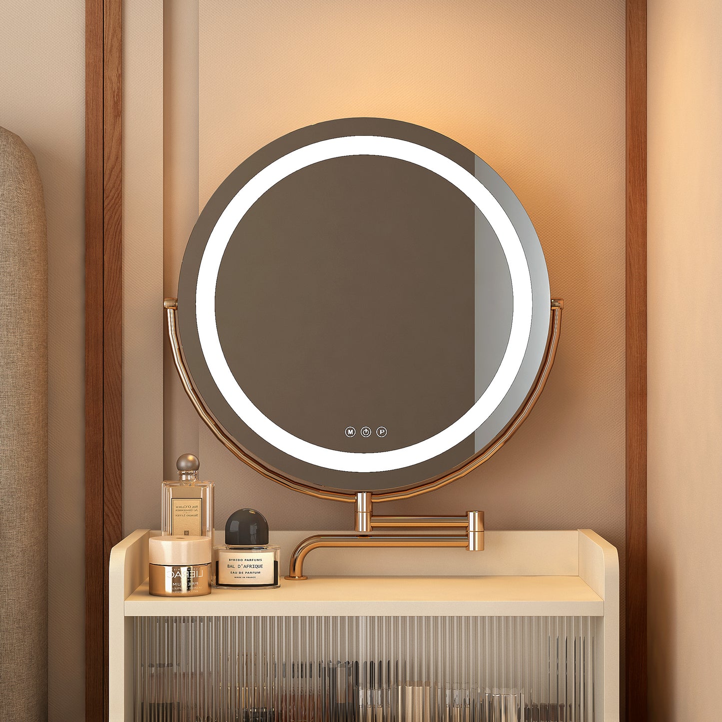 Round vanity mirror with LED lighting and gold frame