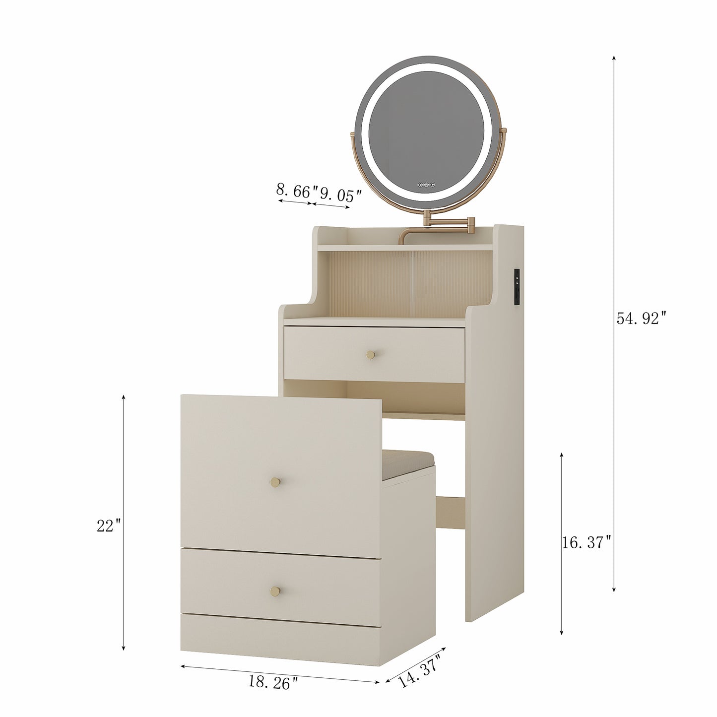 Modern vanity desk with LED mirror and cushioned stool