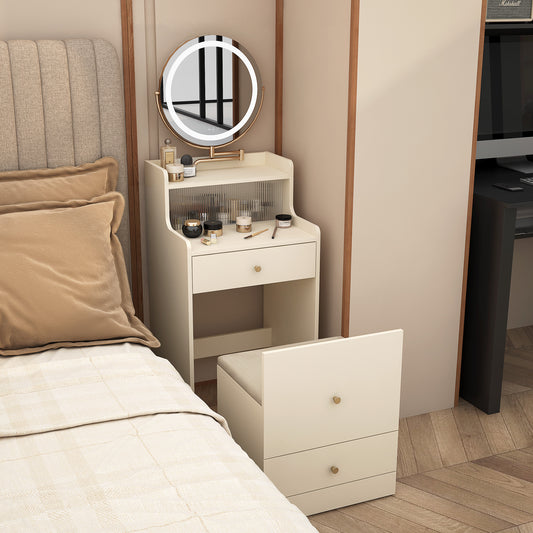 Cream vanity set with lighted mirror and stool