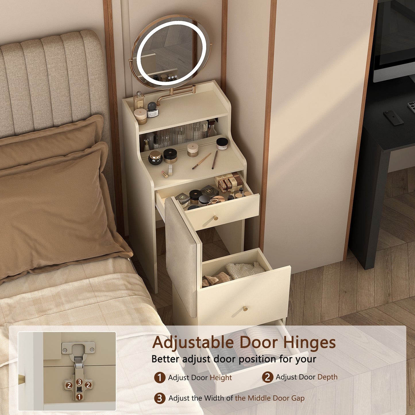 Compact white makeup vanity with illuminated mirror and open drawers
