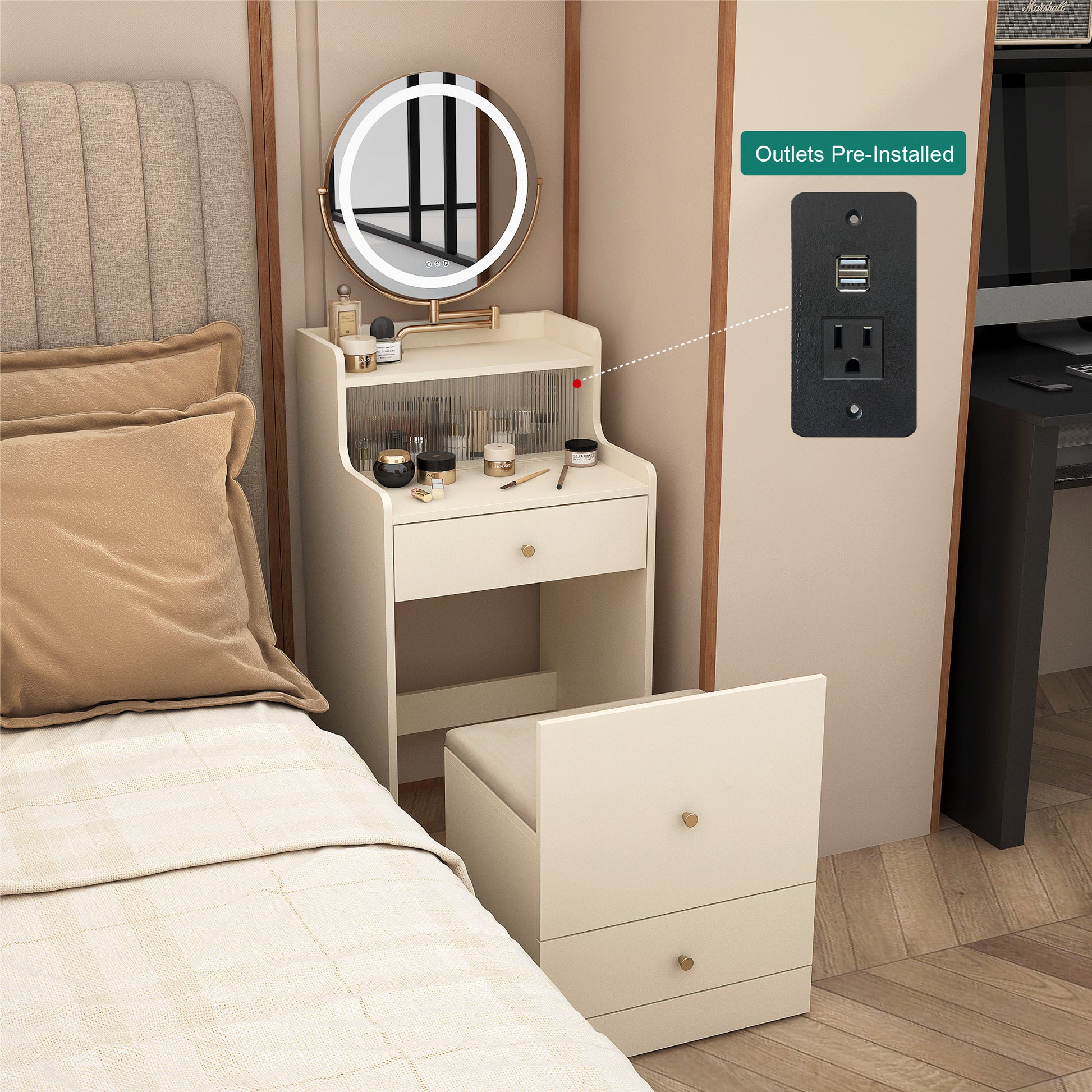 Black wall outlet with  USB ports and  standard outlet