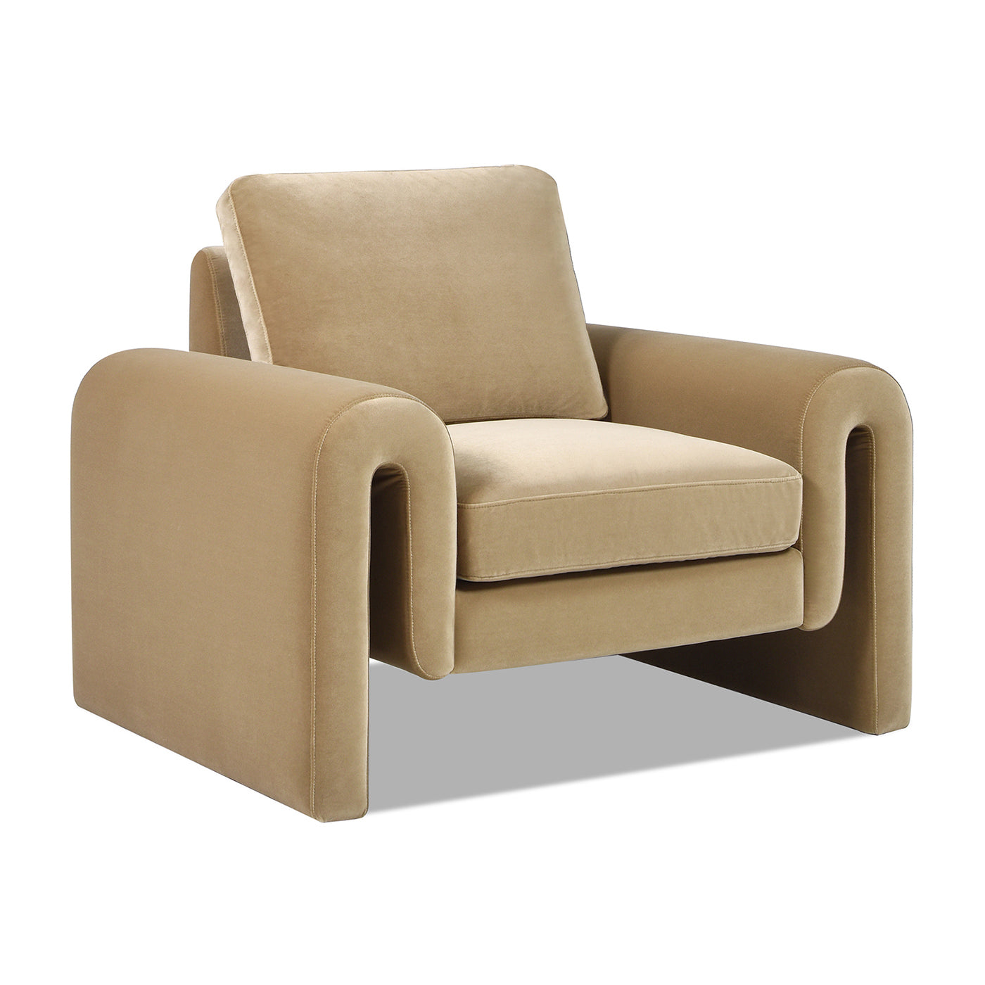 Modern beige velvet armchair with plush cushions and curved arms