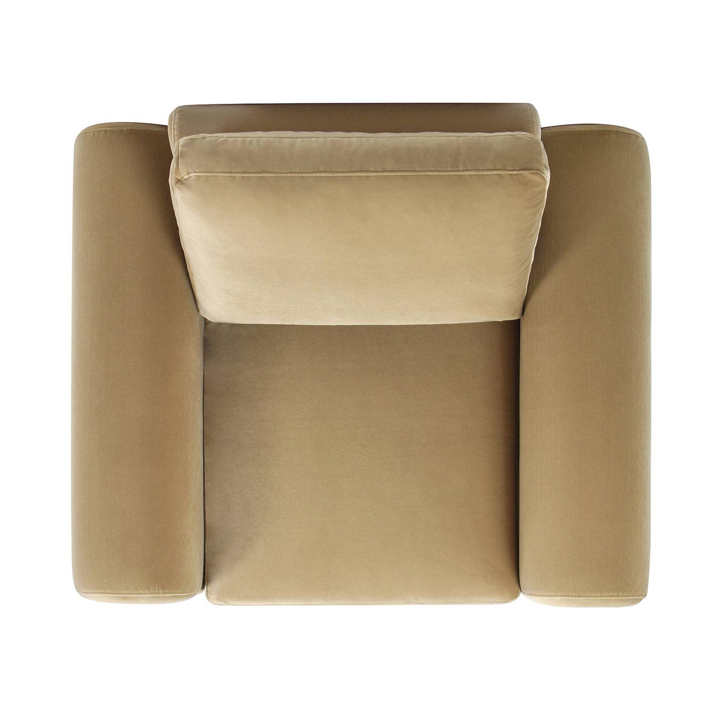 Top view of a plush tan velvet armchair featuring a supportive seat and backrest