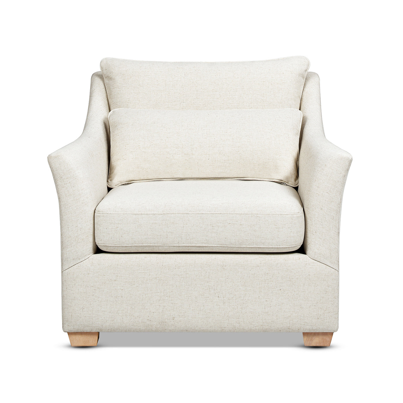 Cream upholstered armchair with accent lumbar pillow and wooden block feet