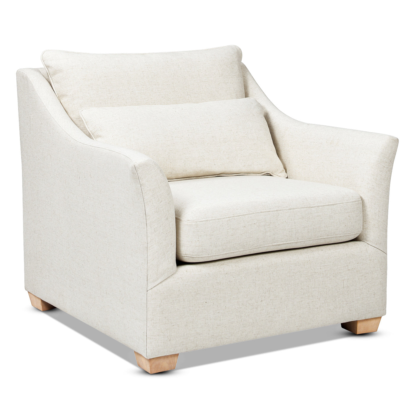 Comfortable accent chair in light beige linen upholstery with a lumbar pillow