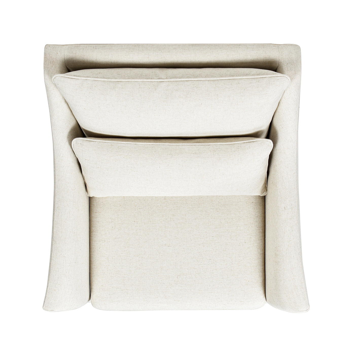 Topdown view of a cream linen upholstered armchair with plush cushions