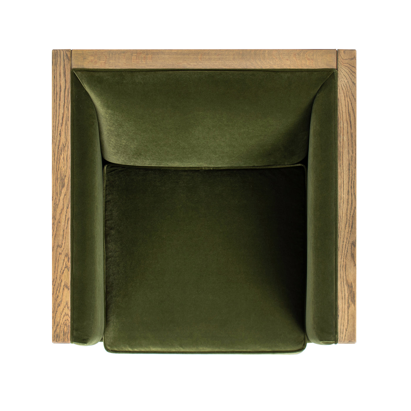 Top view of a plush olive green velvet armchair with a natural oak wood frame
