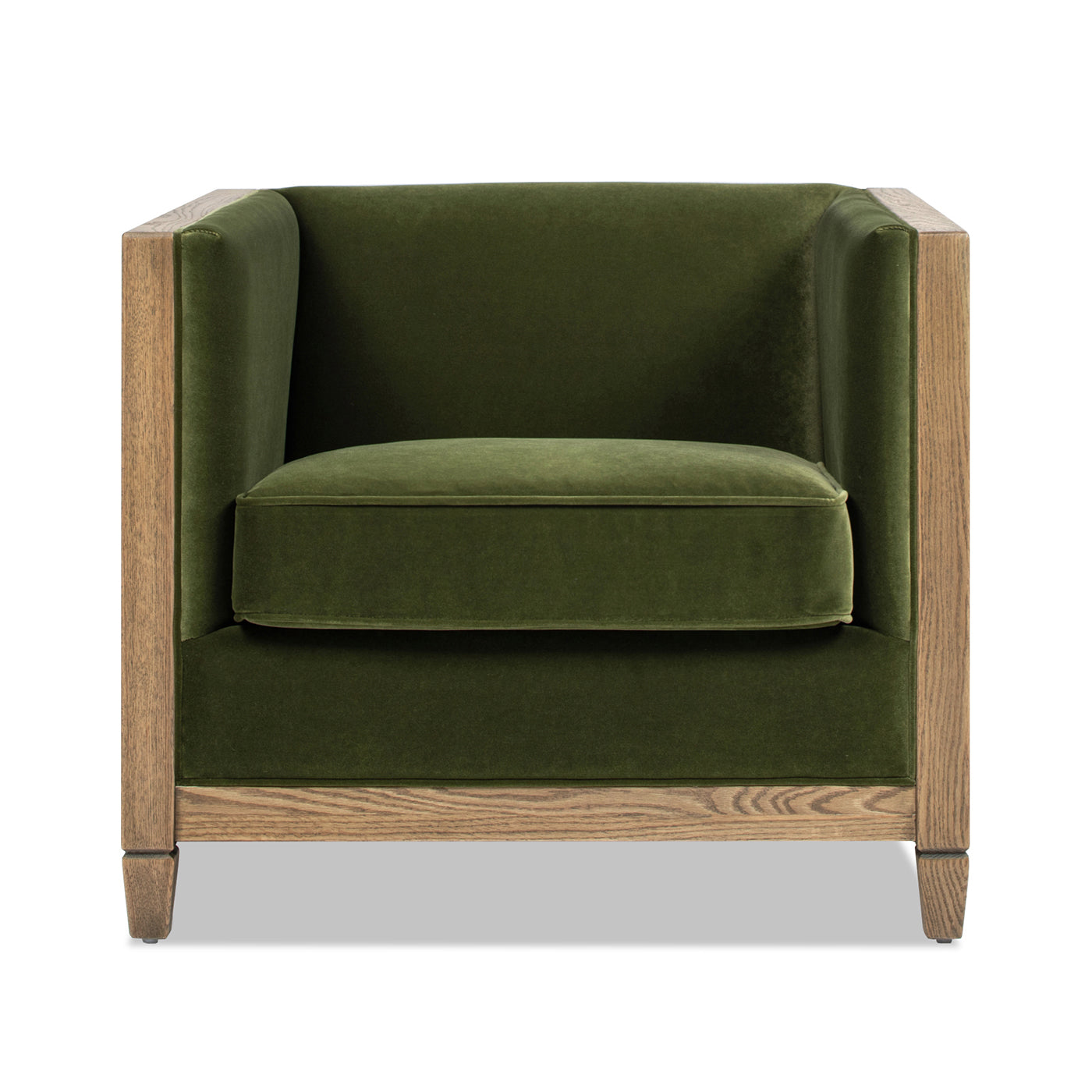 Deep green velvet armchair with a light oak wood frame modern design