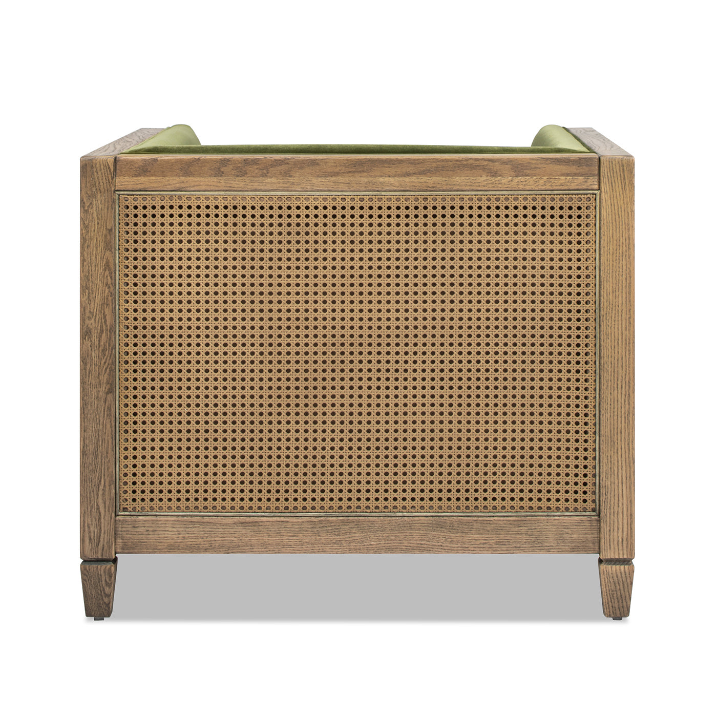 Wooden armchair with woven cane panel and green velvet seat