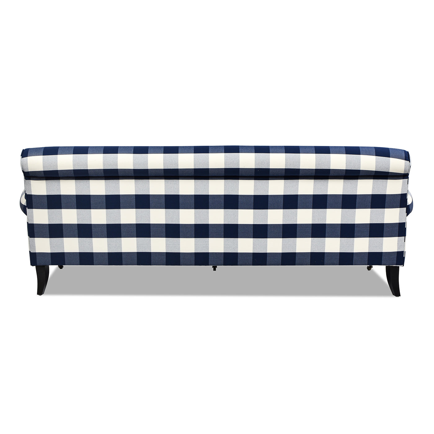 Classic navy and white buffalo check sofa upholstered in fabric with dark tapered legs