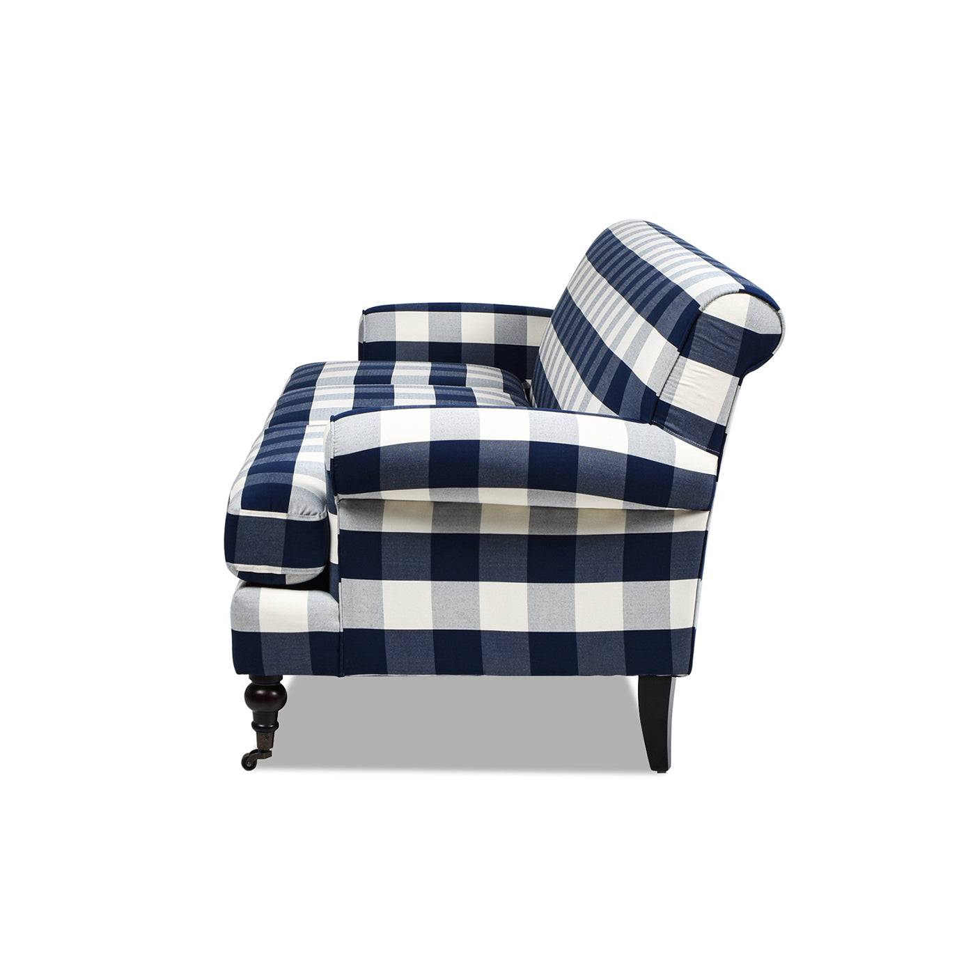 Blue and white buffalo check armchair with rolled arms and wooden legs