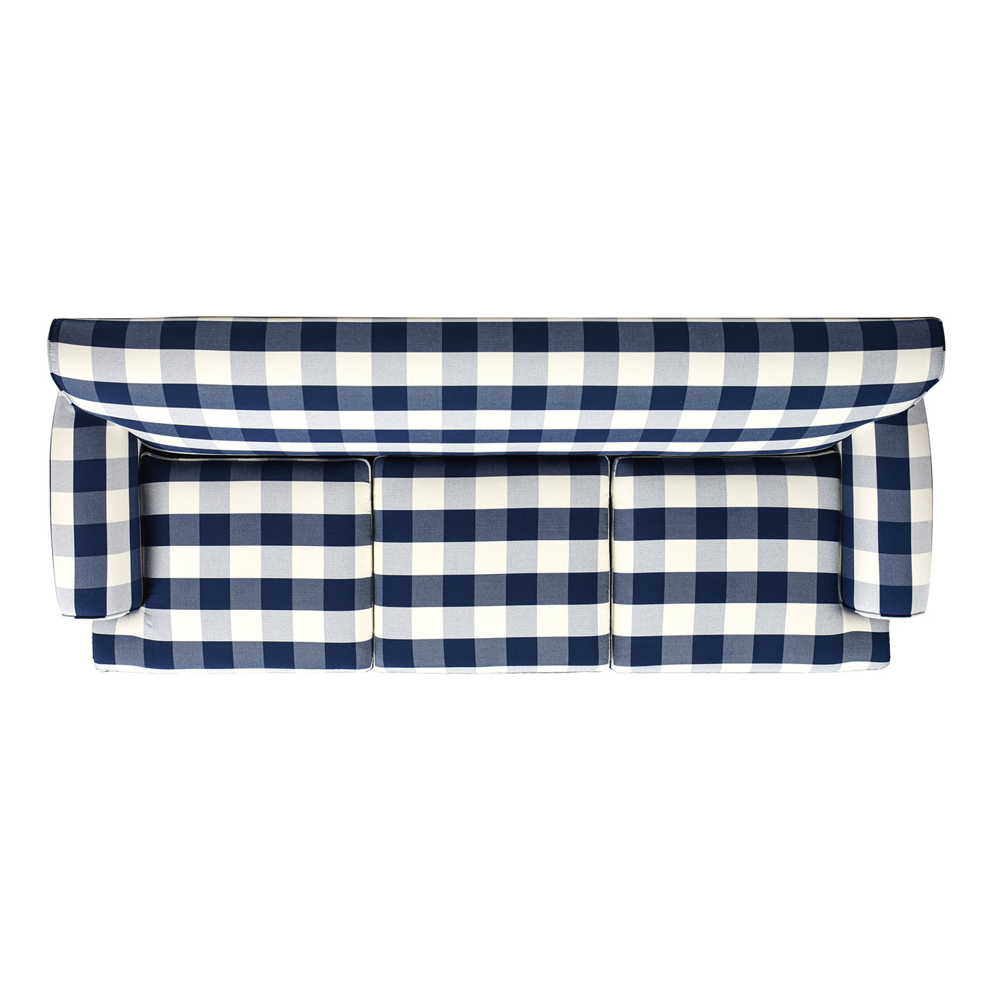 Navy and white gingham upholstered sofa with plush cushions