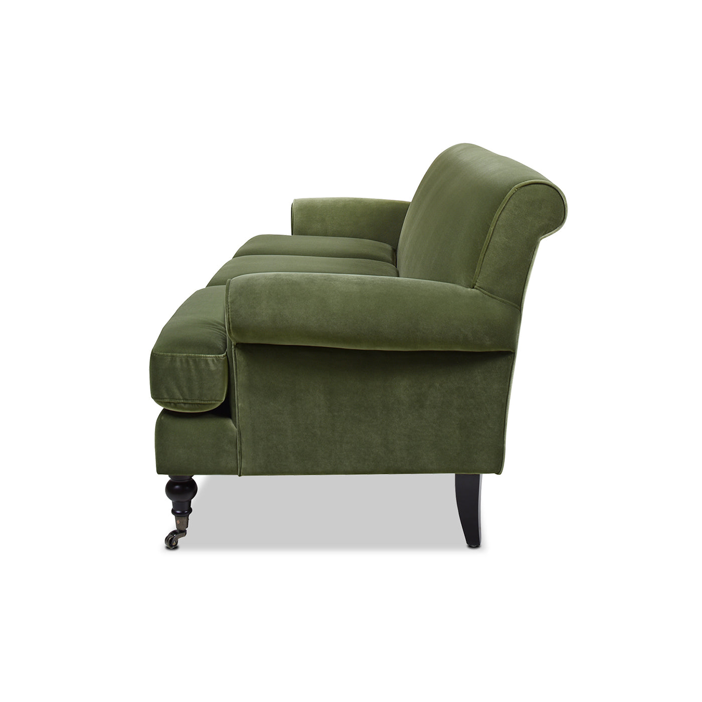 Olive green velvet sofa with rolled arms and wooden legs