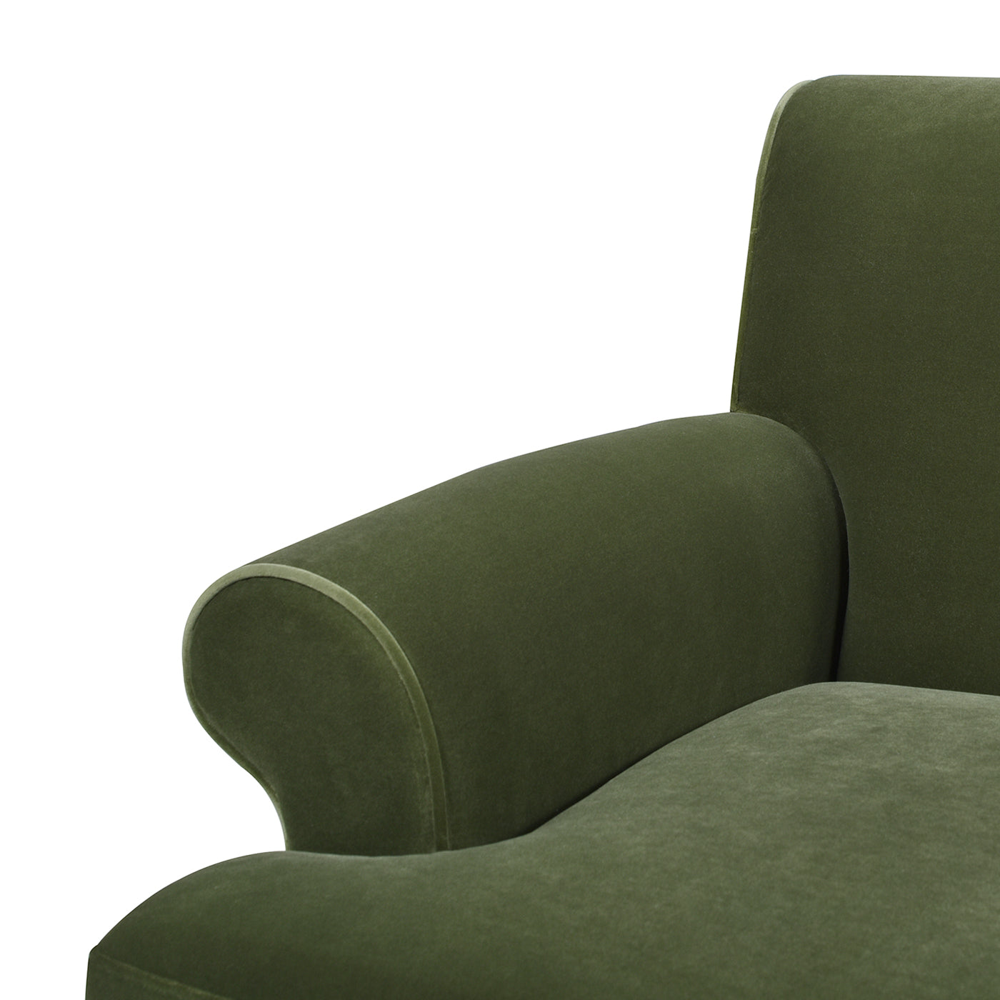 Moss green velvet armchair with rolled armrests perfect for cozy living rooms