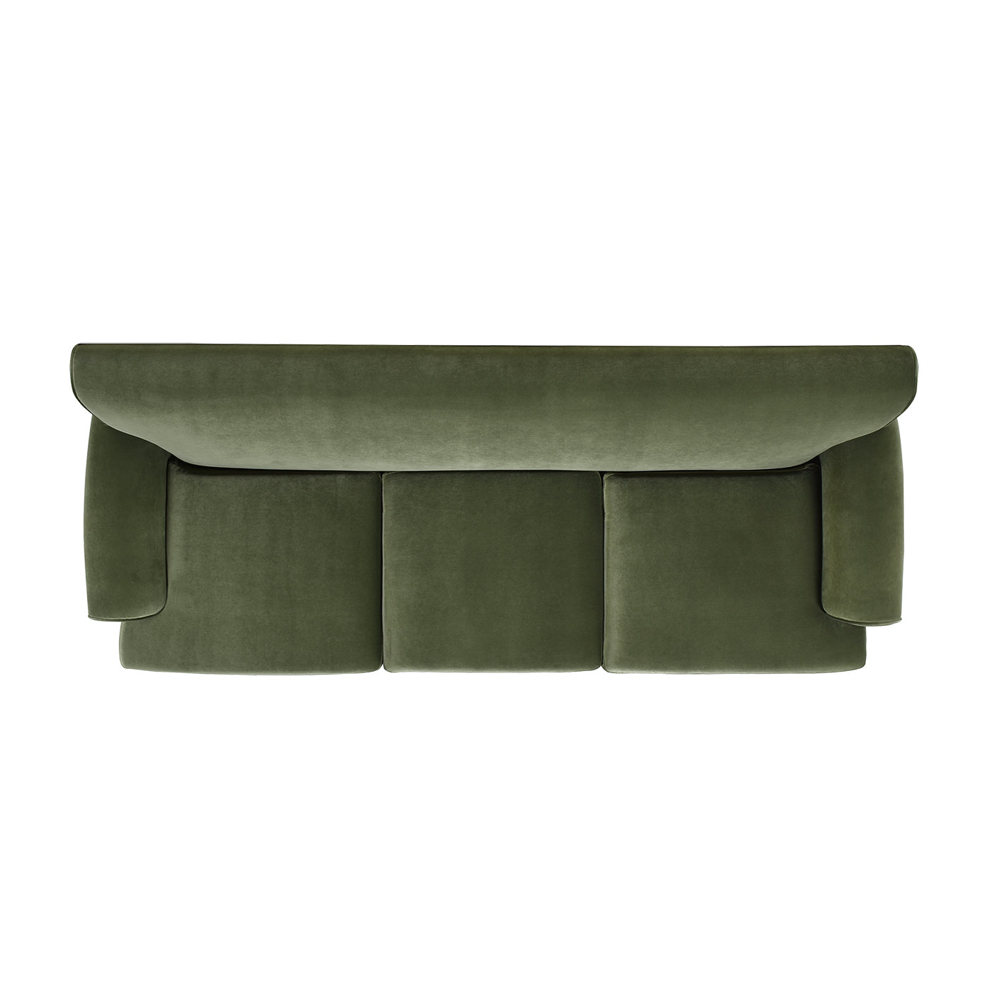 Top view of a plush olive green velvet threeseater sofa with deep cushions
