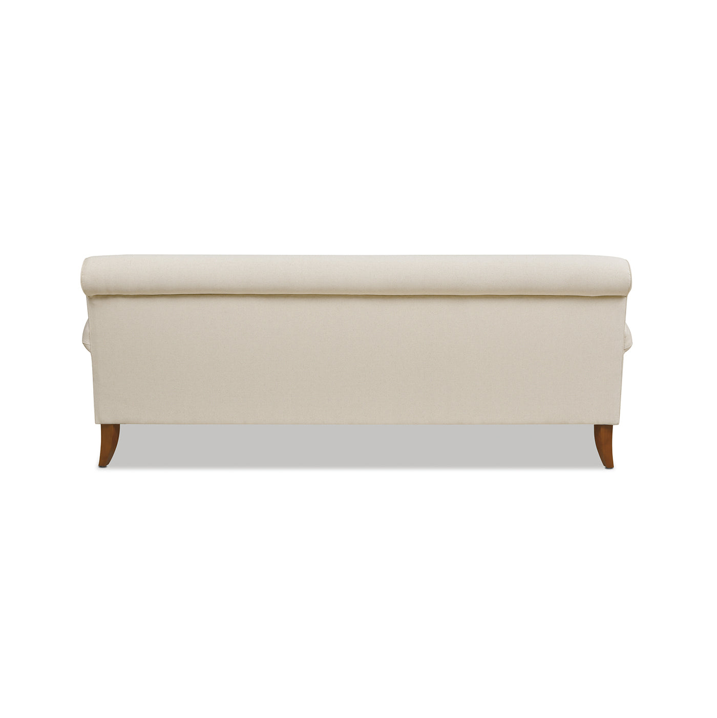 Cream upholstered sofa with curved armrests and tapered wooden legs