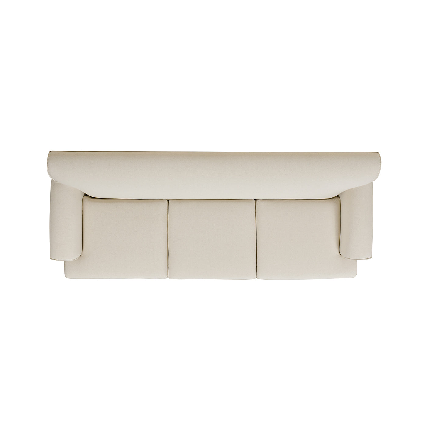 Cream fabric threeseater sofa with plush cushions and rounded arms