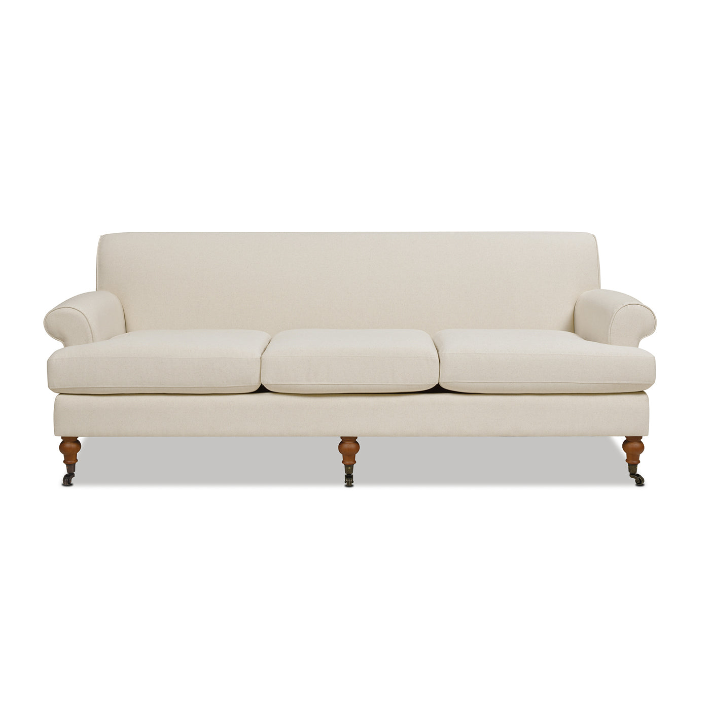 Cream upholstered threeseater sofa with rounded arms and wooden legs with casters