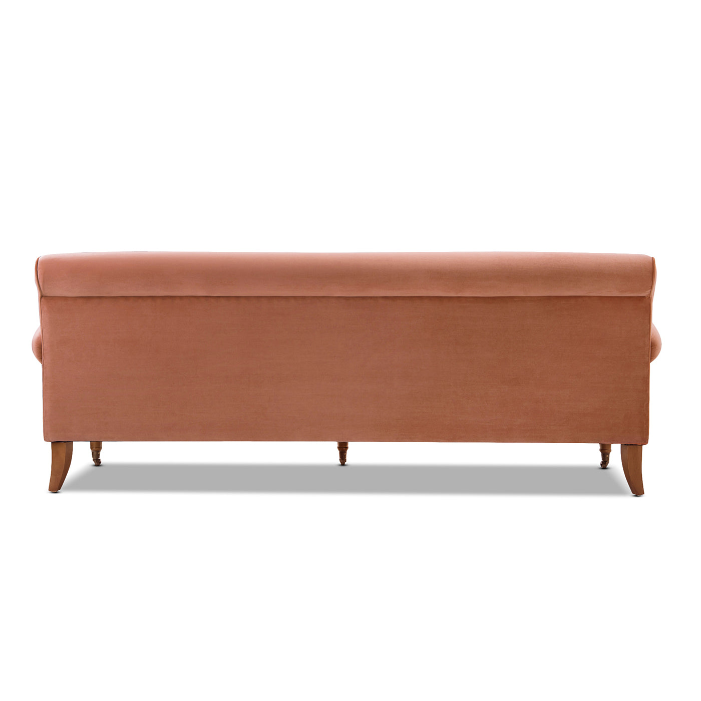 Velvet blush sofa tufted back elegant wooden legs perfect for living rooms