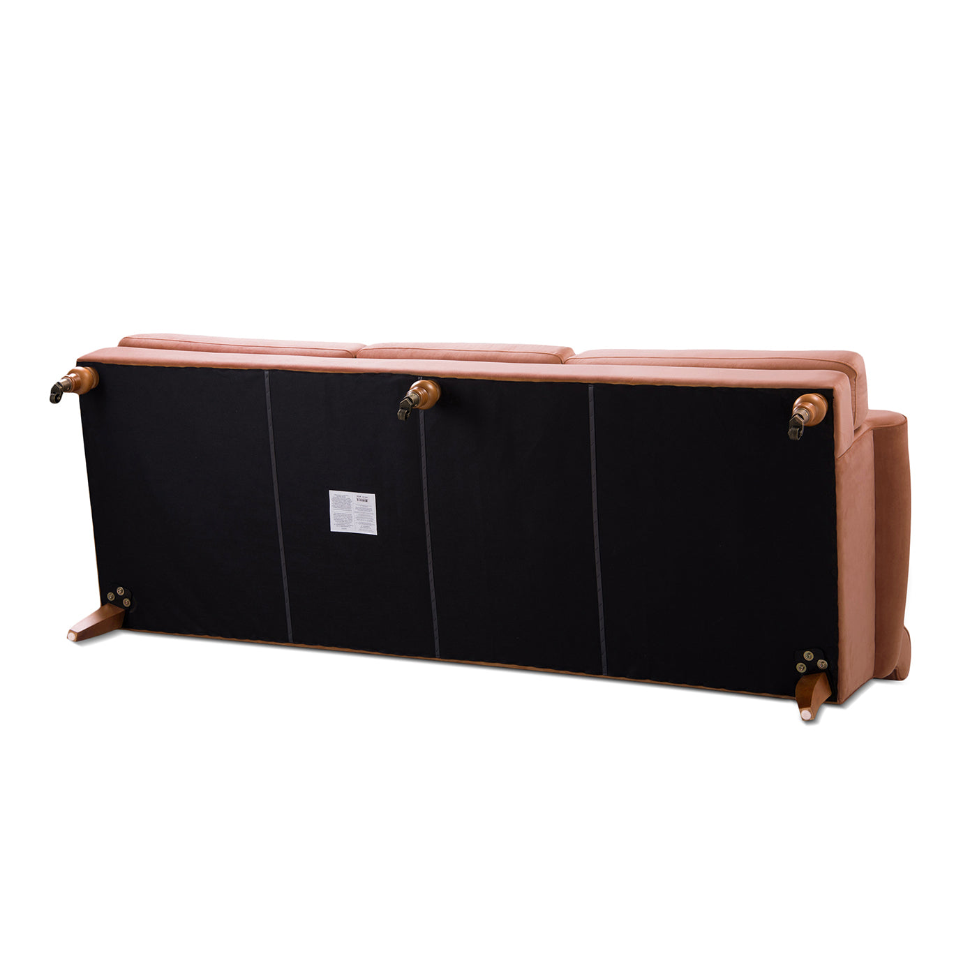 Camel velvet sofa underside with wooden legs and caster wheels for easy mobility