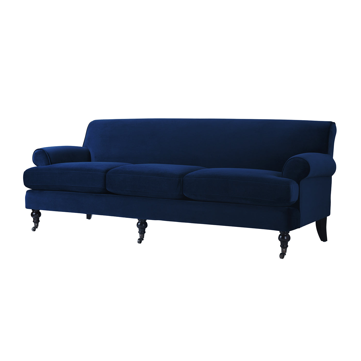 Deep blue velvet threeseater sofa with rolled arms and ornate wooden legs perfect for living rooms