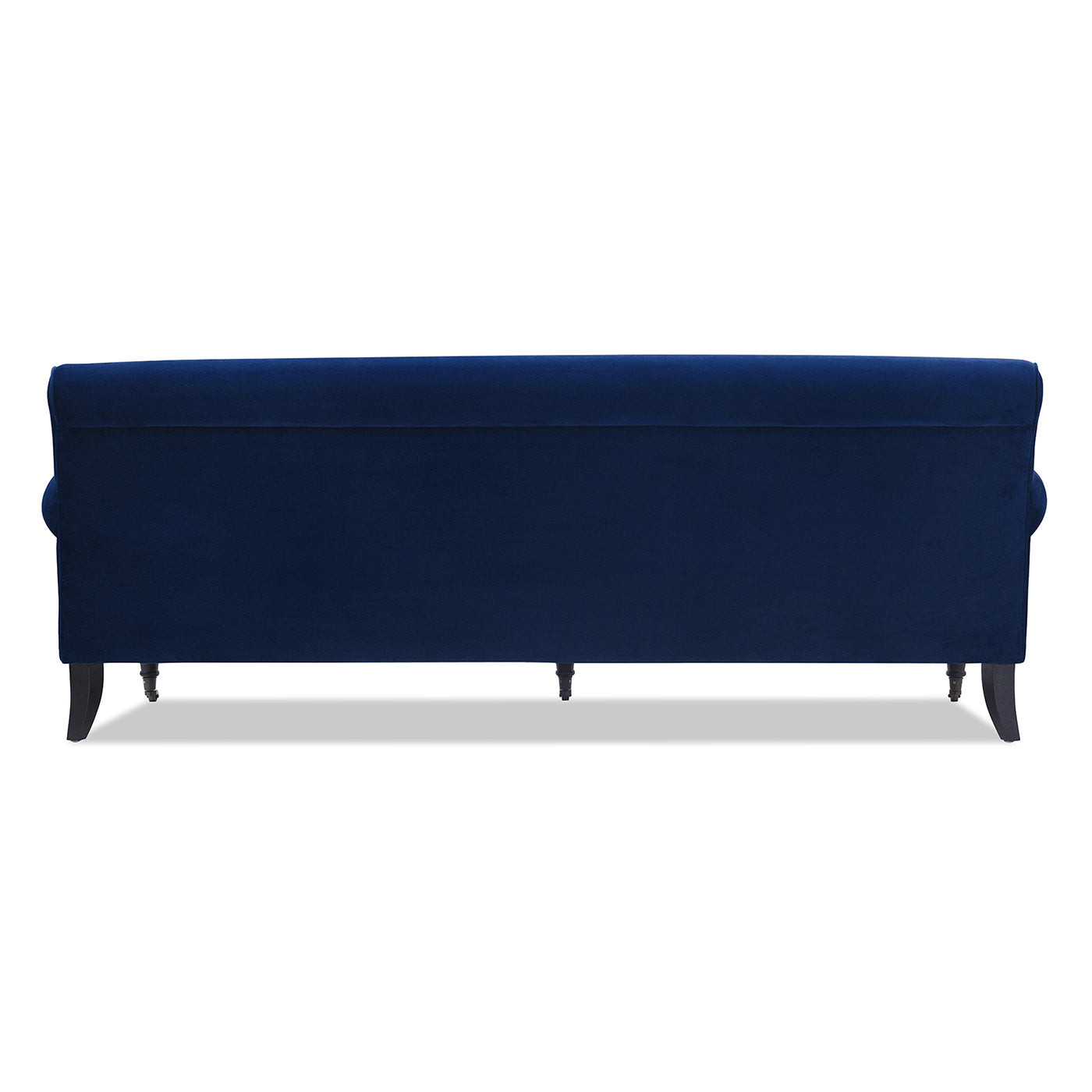 Deep blue velvet sofa with dark wooden legs a classic design for living rooms