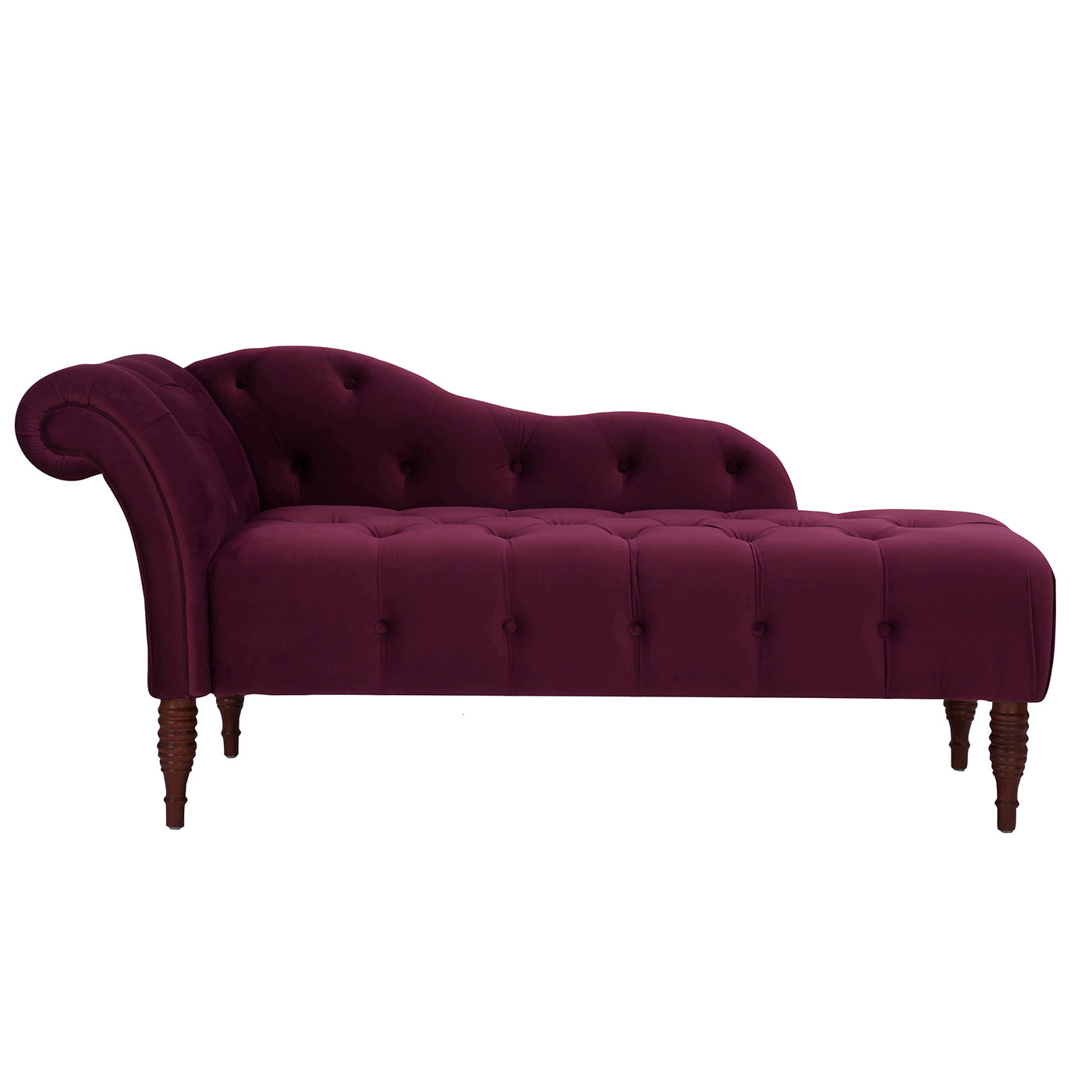 Tufted eggplant velvet chaise lounge with rolled arm and dark wood legs