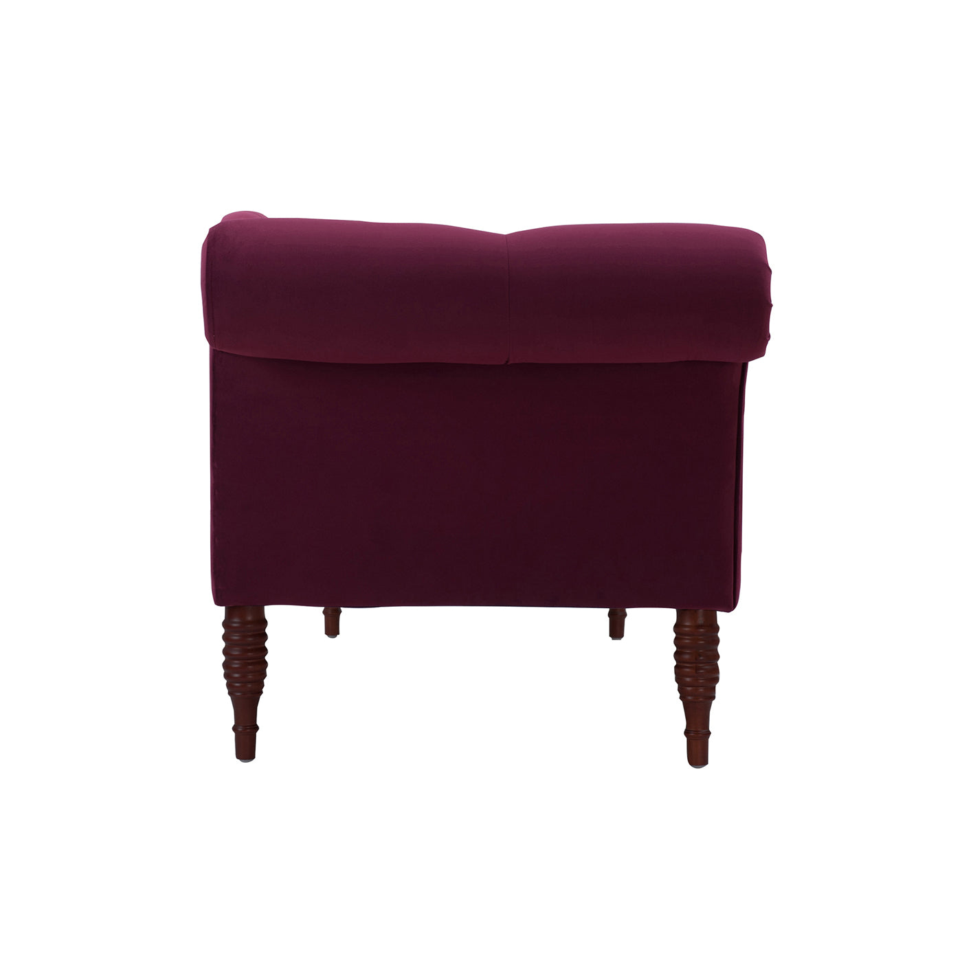 Plush velvet armchair in rich plum featuring elegant tufted back and dark wooden legs
