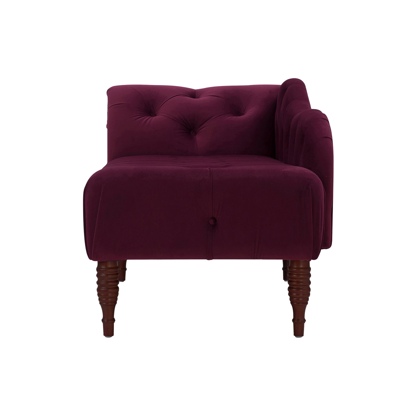 Plush velvet armchair in deep plum with tufted back and fluted armrest