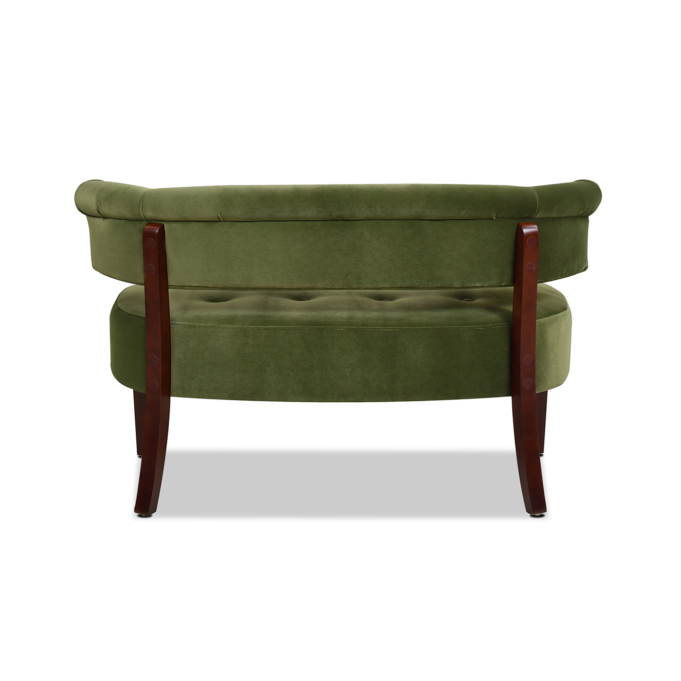 Green velvet accent chair with tufted seat and curved back