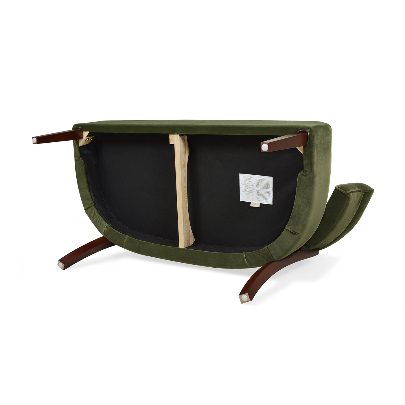 Green velvet armchair base with dark wood legs and visible interior construction