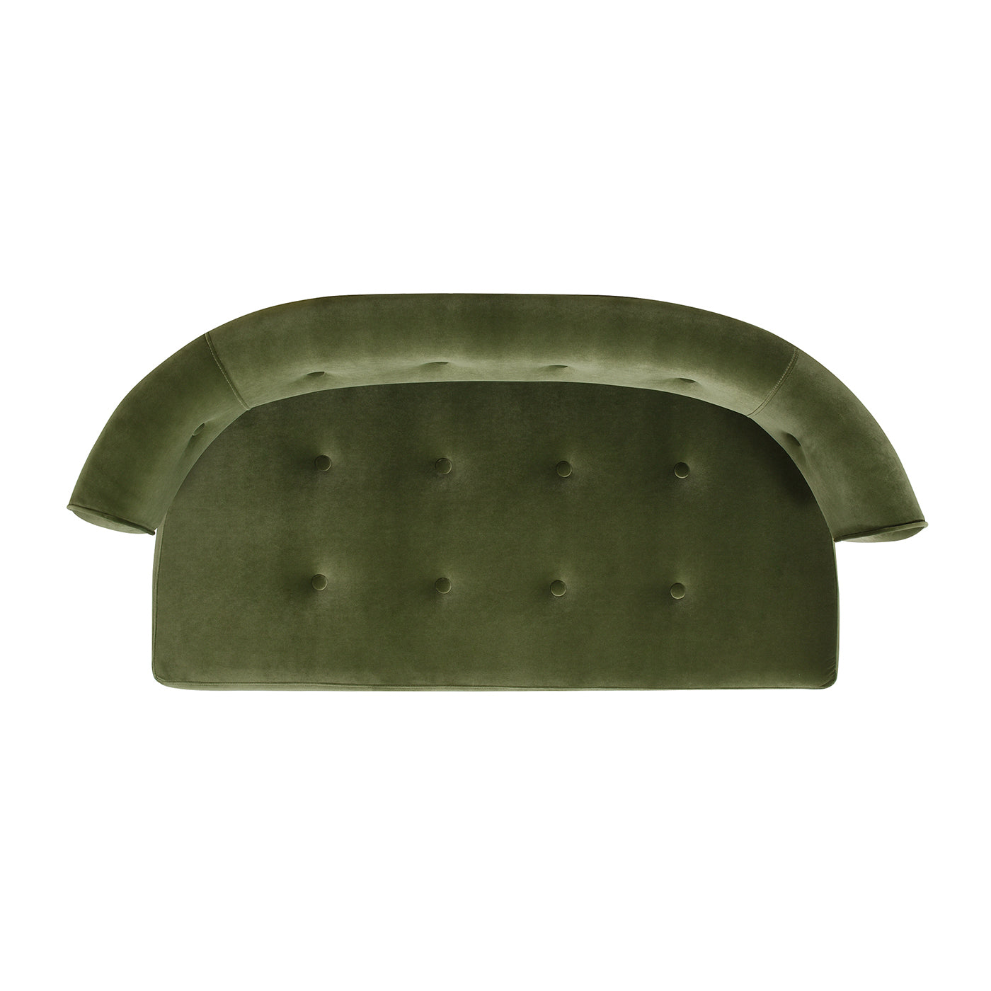 Deep green velvet tufted sofa with curved back and arms