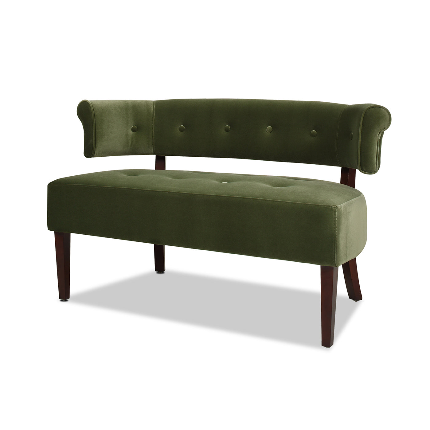 Tufted green velvet loveseat with curved back and dark wood legs ideal for small spaces