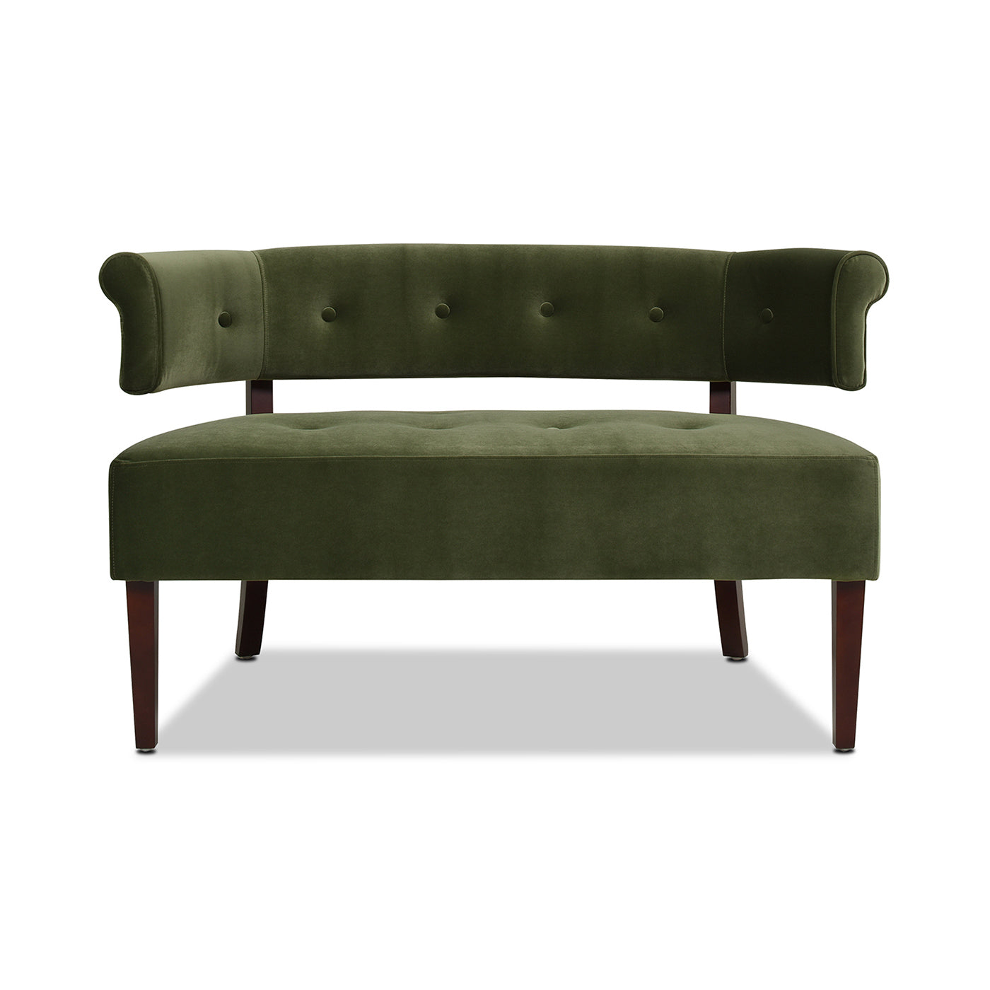 Green velvet accent chair with tufted back and rolled arms