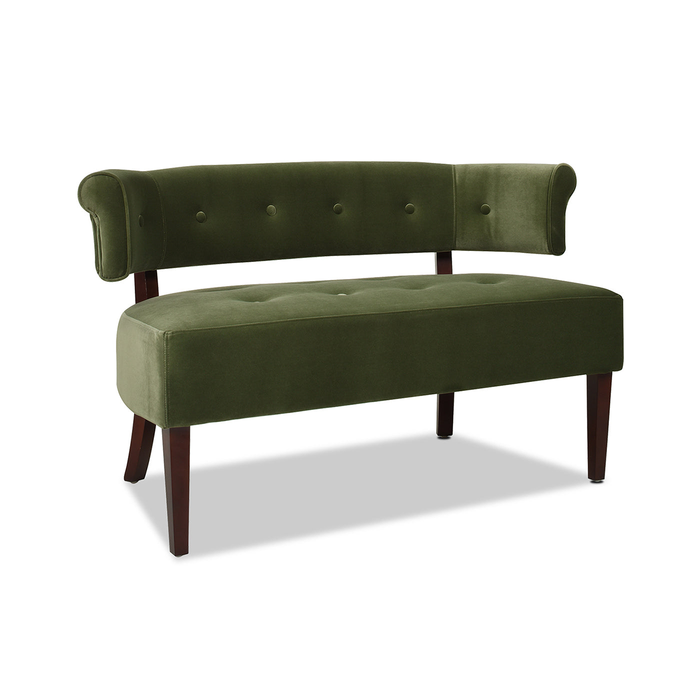 Olive green velvet tufted accent bench with dark wood legs suitable for entryways