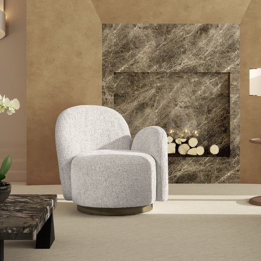 Plush light grey armchair with curved arms and a circular wooden base perfect for a modern living room