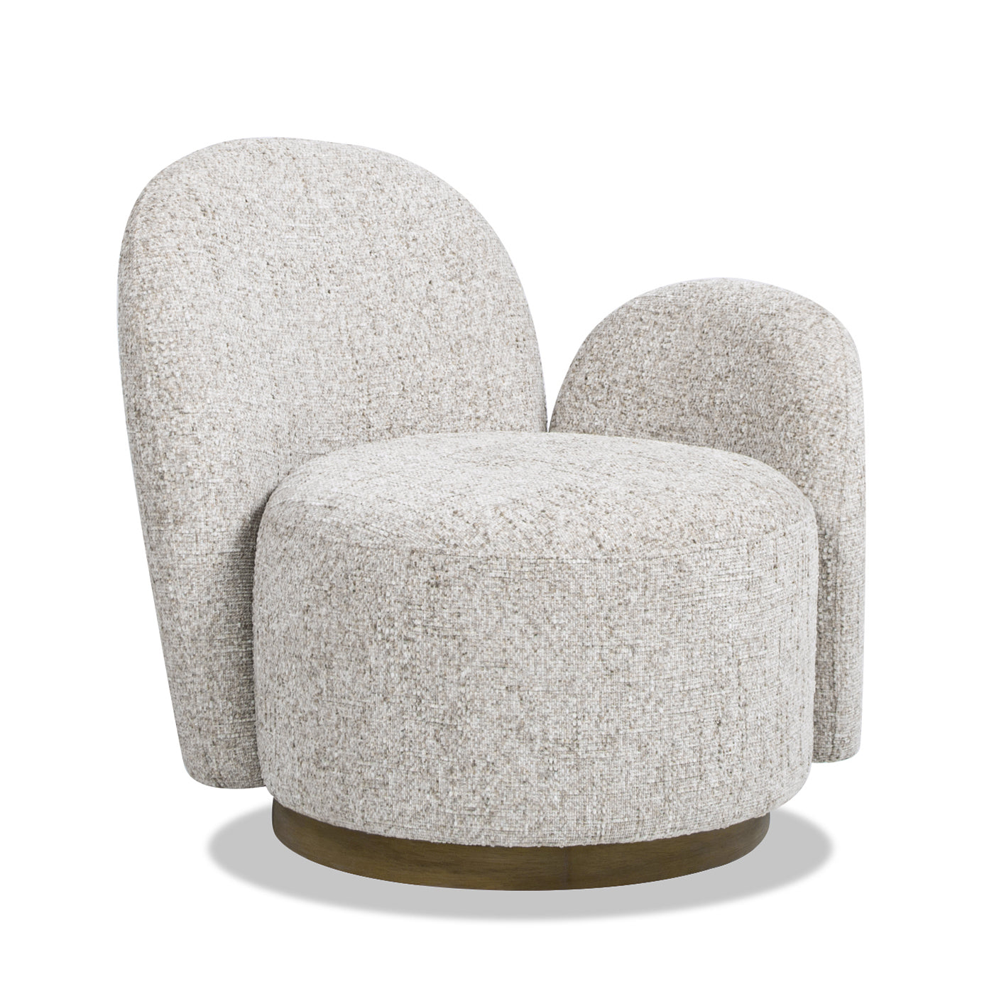 Plush boucle accent chair in a neutral cream color with a rounded silhouette and wooden base