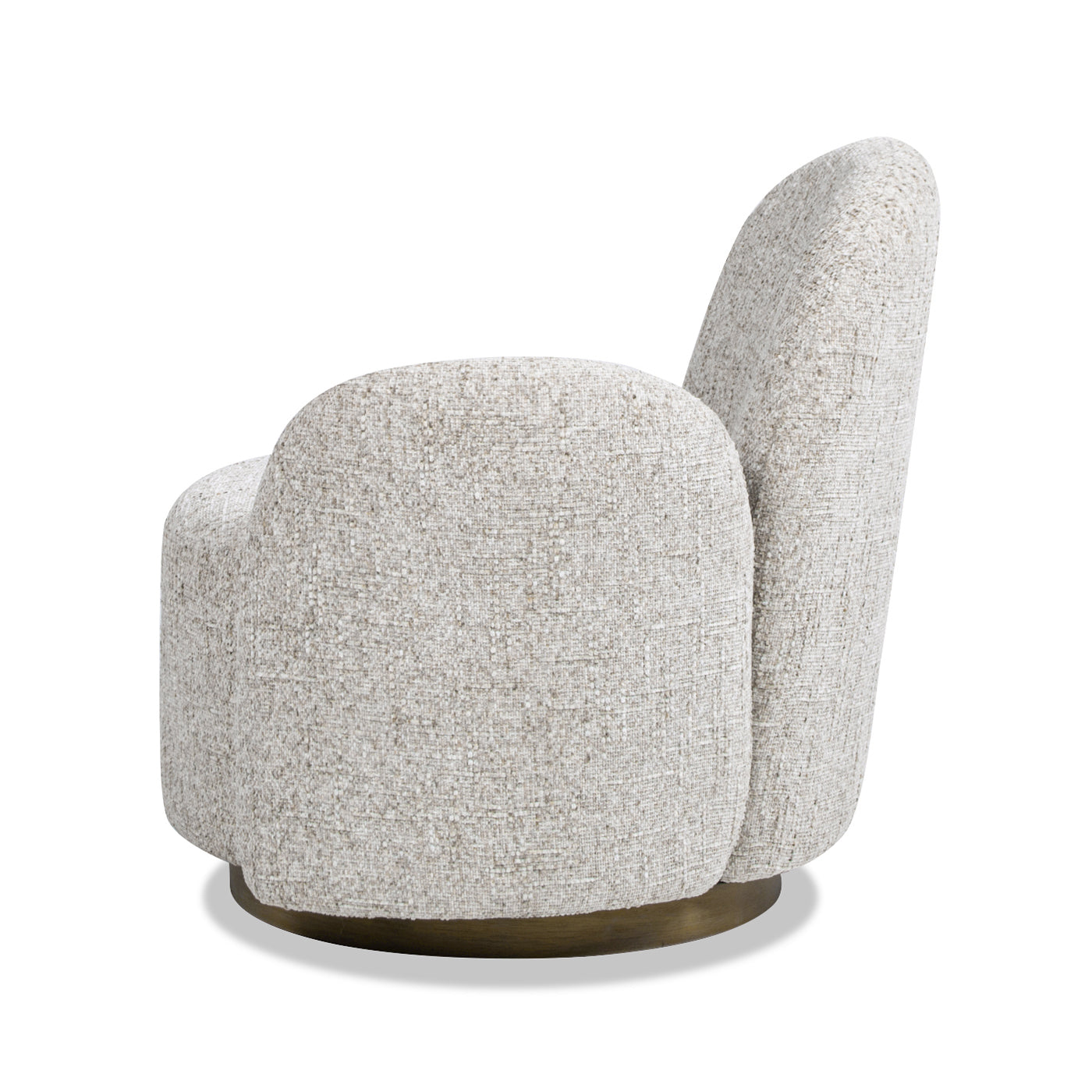 Textured cream swivel armchair with rounded back and brass base